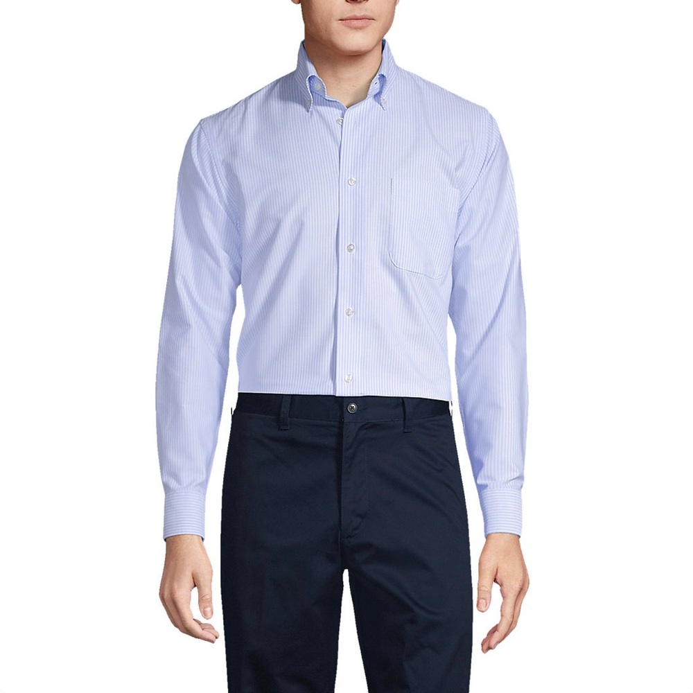 Lands’ End NWT Men’s seersucker bayshore blue striped fitted dress shirt 17’ 33’